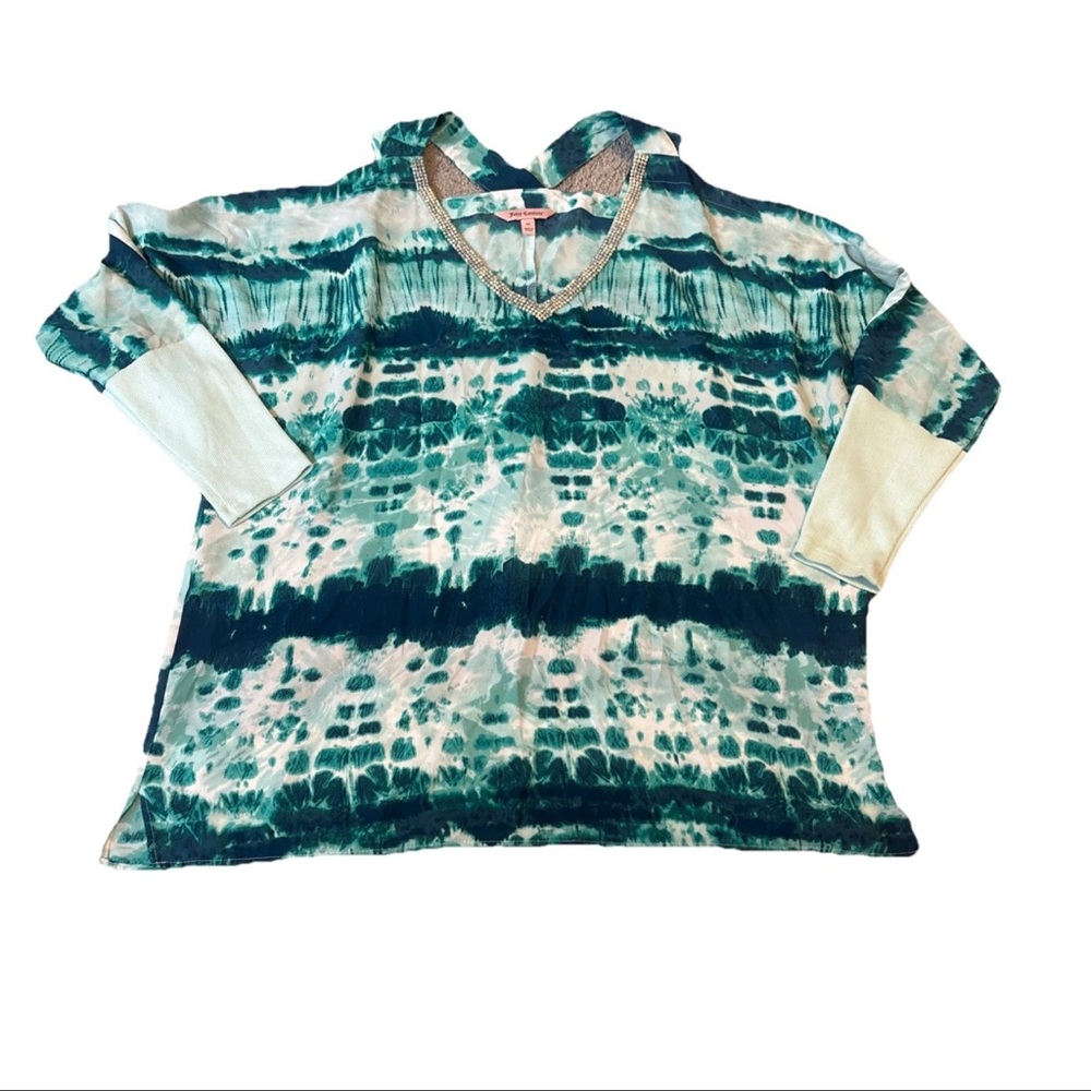 Juicy Couture Womens Medium Green Cold Shoulder Embellished Tie Dye Blouse